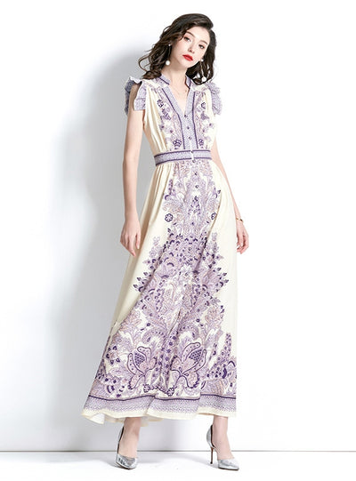 Retro Palace Style V-neck Printed Dress