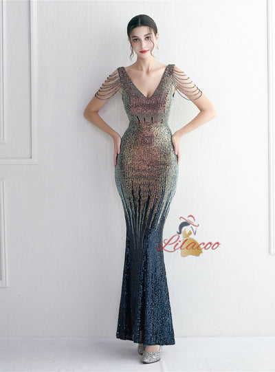 Mermaid V-neck Sequins Beading Prom Dress