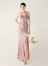 Spaghetti Straps Sequins Split Prom Dress