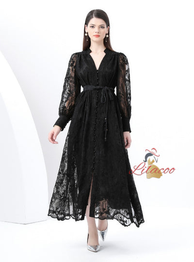 V-neck Lace Single-breasted Long Dress