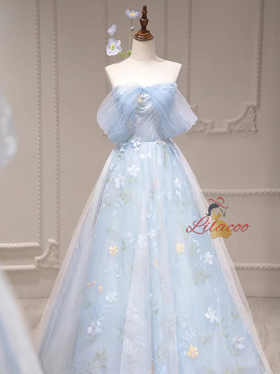 Blue Tulle Print Off the Shoulder Prom Dress