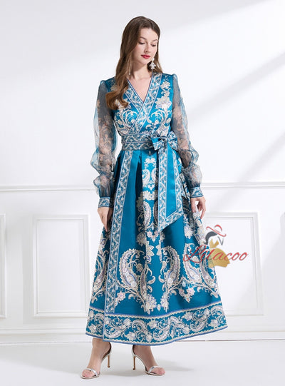 Retro Palace Printed Long Bubble Sleeve Dress