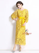 Long Sleeve Round Neck Slim Waist Lace Dress