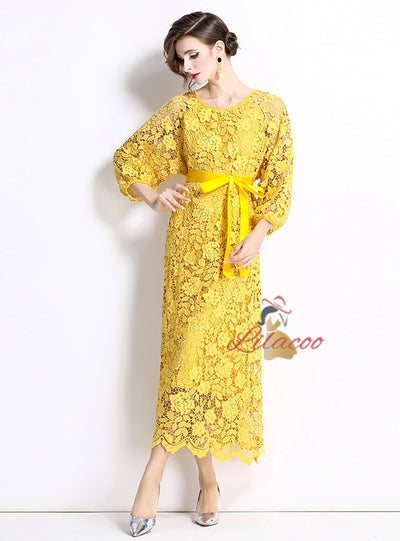 Long Sleeve Round Neck Slim Waist Lace Dress