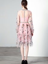 Mesh Embroidered Long-sleeved Big Swing Dress