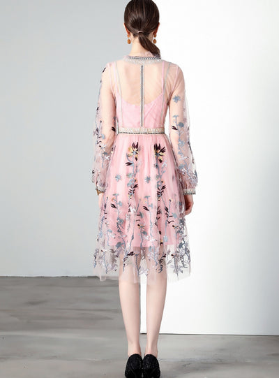 Mesh Embroidered Long-sleeved Big Swing Dress