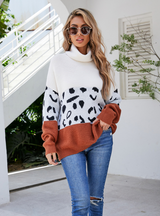 High-necked Printed Leopard-print Loose Sweater
