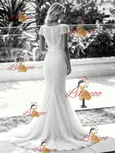 White Mermaid Lace V-neck Wedding Dress