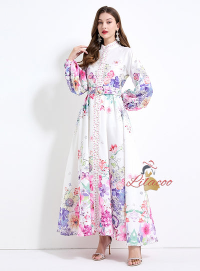 Holiday Flower Printed Lantern Sleeve Dress