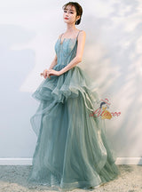 Green Tulle Spaghetti Straps Prom Dress