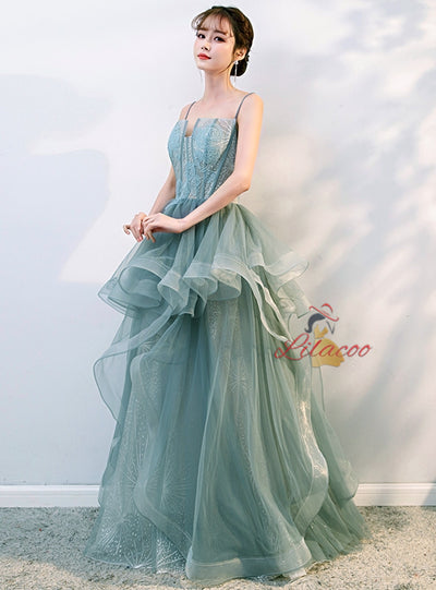Green Tulle Spaghetti Straps Prom Dress