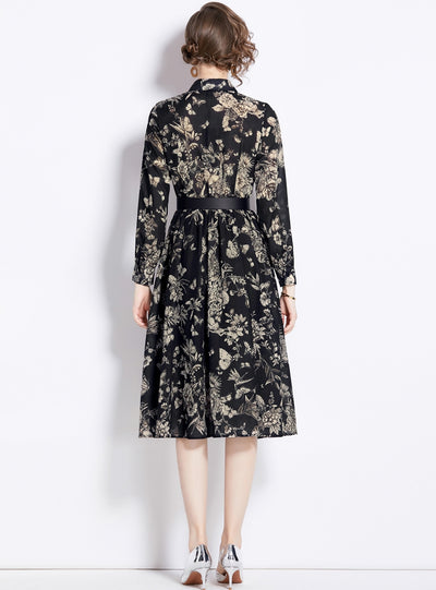 Cropped Sleeve Black Butterfly Flower Print Dress