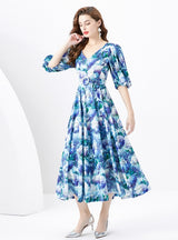 Palace Bubble Sleeve Print Long Dress
