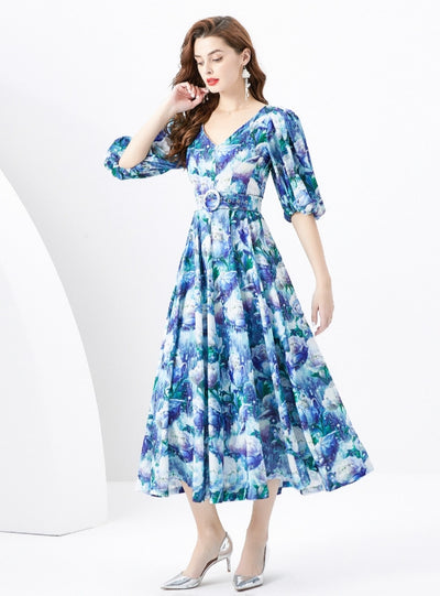 Palace Bubble Sleeve Print Long Dress