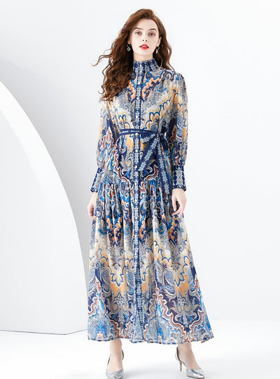 Long-sleeved Slim Breasted Printed Dress