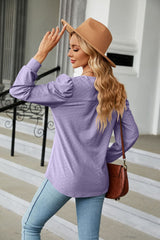 Solid Color V-neck Jacquard Long Sleeve T-shirt