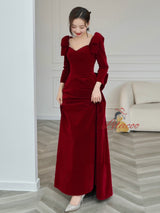 Burgundy Velvet Long Sleeve Bow Prom Dress