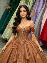 Brown Sequins Off the Shoulder Beading Quinceanera Dress