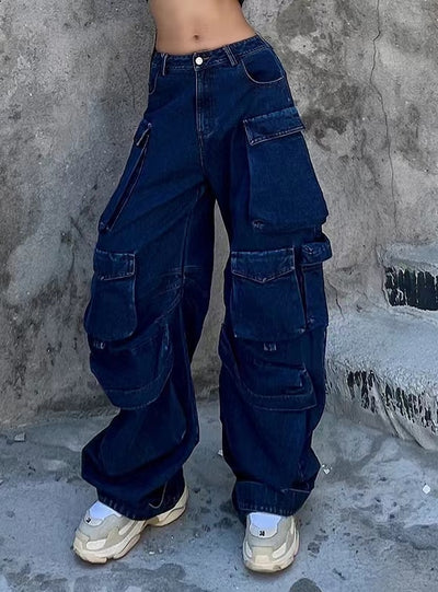 Wide Leg Stitching High Waist Pocket Jeans
