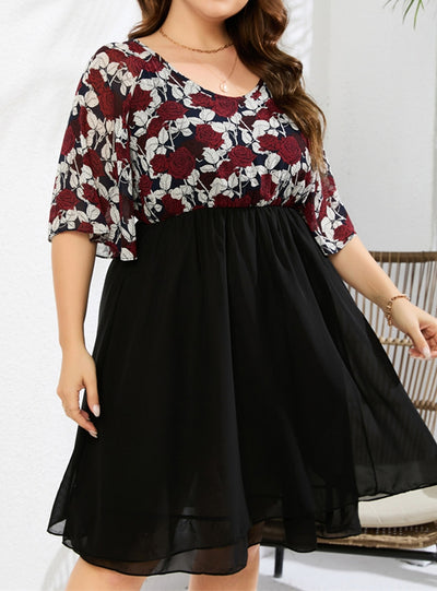 V-neck Rose Printed Chiffon Short-sleeved Dress