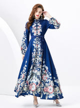 Retro Long-sleeved Stand-up Collar Printed Dress