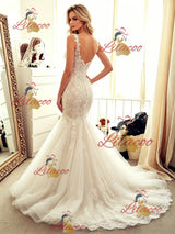Beige White Mermaid Tulle Appliques Wedding Dress