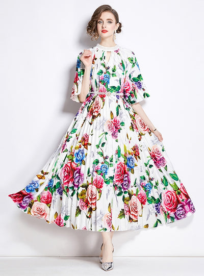 Short-sleeved Beaded Slim Printed Dress