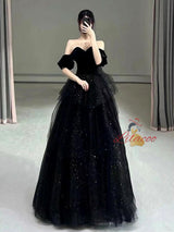 Black Tulle Sequins Velvet Short Sleeve Prom Dress