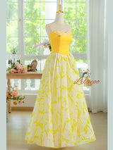 Yellow Print Straps Prom Dress