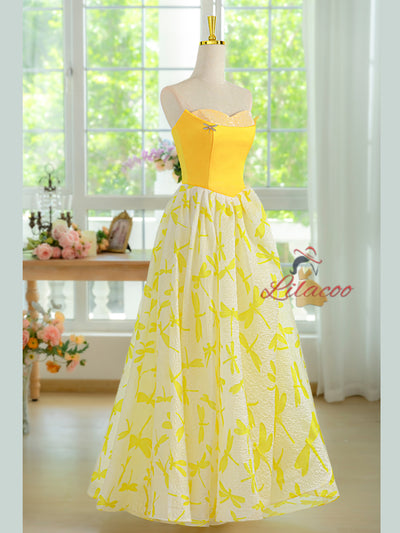 Yellow Print Straps Prom Dress