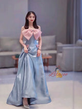 Blue Satin Strapless Bow Prom Dress