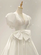 White Satin V-neck Puff Sleeve Wedding Dress
