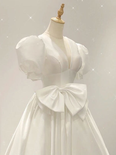 White Satin V-neck Puff Sleeve Wedding Dress