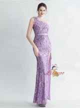 Women One Shoulder Sequins Split Prom Dress