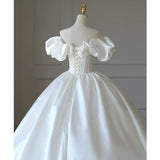 Ball Gown Satin Off the Shoulder Pearls Wedding Dress