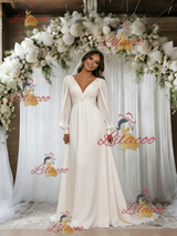 Beige White Long Sleeve Pleats Backless Wedding Dress