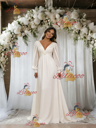 Beige White Long Sleeve Pleats Backless Wedding Dress