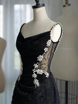 Black Lace Velvet Straps Crystal Prom Dress
