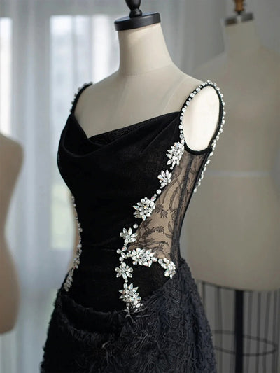 Black Lace Velvet Straps Crystal Prom Dress