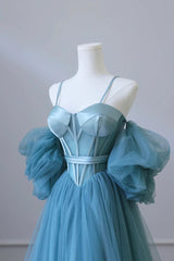 Blue Tulle Spaghetti Straps Prom Dress