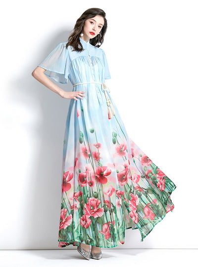 Stand-up Printed Short Sleeve Long Dress