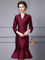 Burgundy Satin Short Sleeve Mother Of The Bride Dress