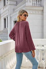 Solid Color Long Sleeve V neck Pleated T-shirt