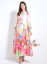 V-neck Lace Lantern Sleeve Printed Chiffon Dress