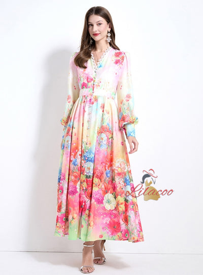 V-neck Lace Lantern Sleeve Printed Chiffon Dress