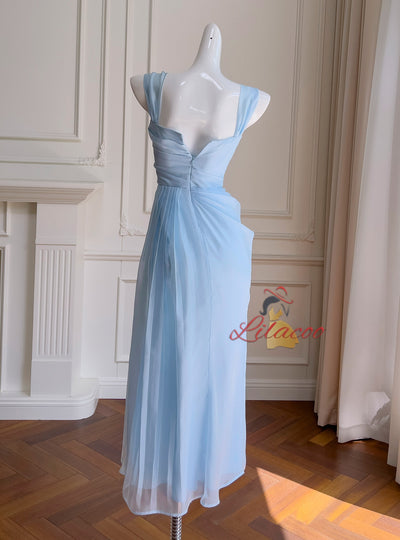 Women Blue Pleats Straps Dress
