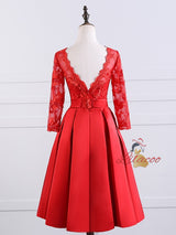 Red Satin Lace Short Sleeve Homecoming Dress