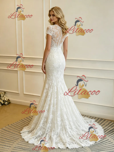White Mermaid Lace Short Sleeve Wedding Dress