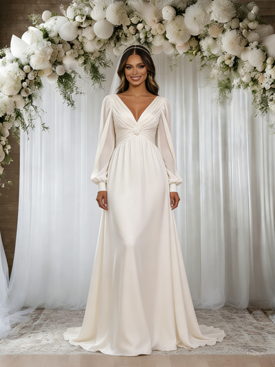 Beige White Long Sleeve Pleats Backless Wedding Dress
