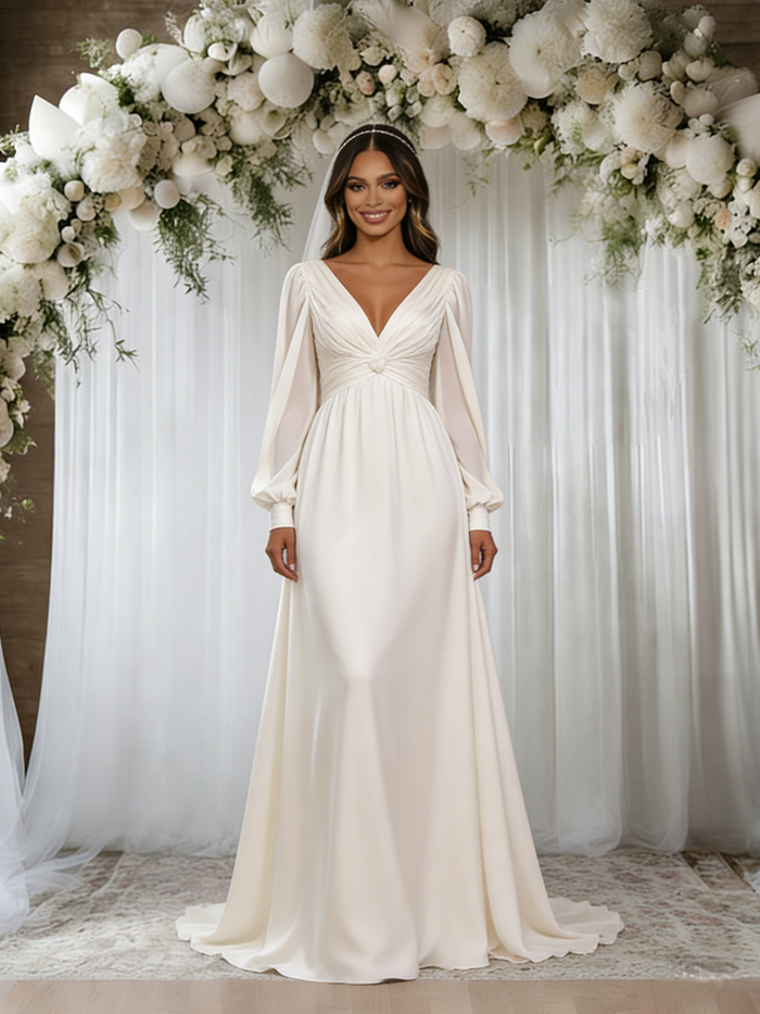 Beige White Long Sleeve Pleats Backless Wedding Dress